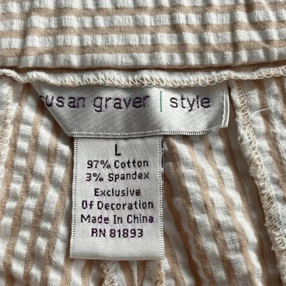 Susan Graver Seersucker Jacket & Shorts Set Womens L Tan Striped‎ Eyelet Retro - Picture 11 of 16